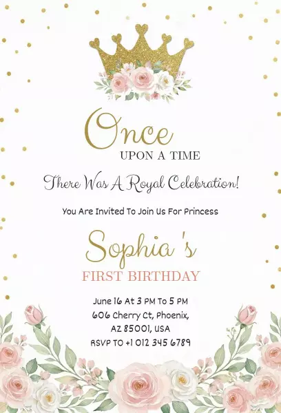 Royal Floral Princess 1st Birthday Celebration Invitation Template