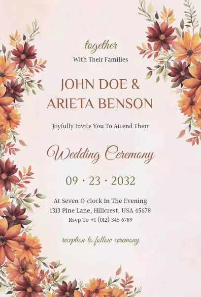 Rustic Autumn Floral Wedding Ceremony Invitation Template