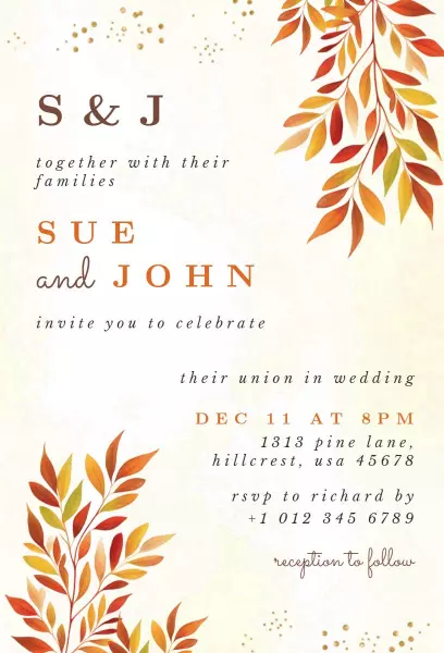 Rustic Autumn Leaves Fall Wedding Celebration Invitation Template