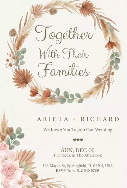 Rustic Boho Elegant Floral Wedding Celebration Invitation Template