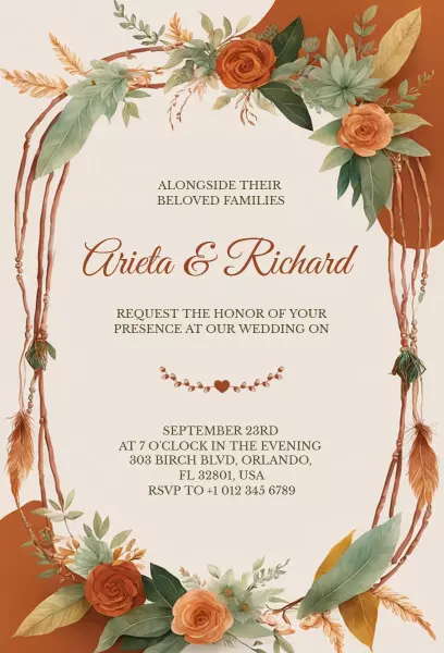 Rustic Boho Floral Wedding Celebration Invitation Template