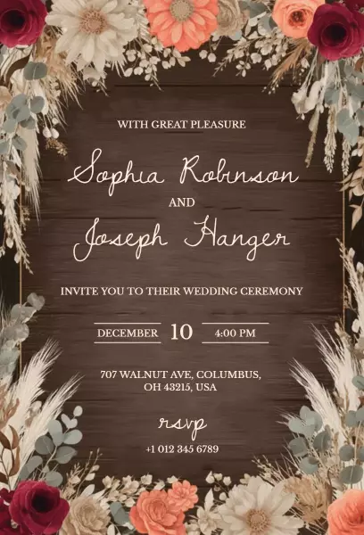Rustic Boho Floral Wedding Ceremony Invitation Template