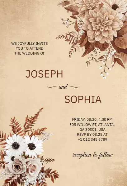 Rustic Botanical Vintage Wedding Celebration Invitation Template