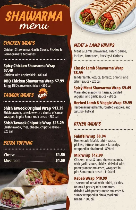 Rustic Brown Tones with Savory Shawarma Delights Menu Template