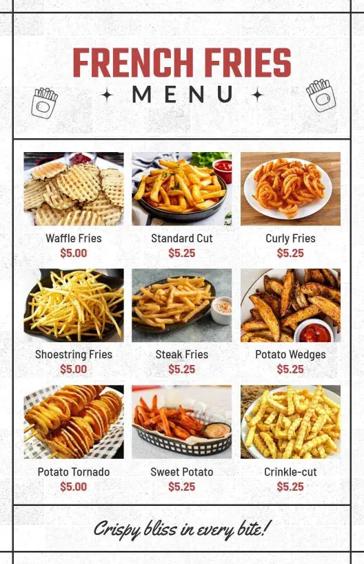 Rustic Chalkboard Style French Fries Variety Menu Template