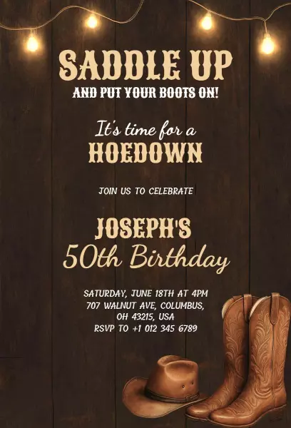 Rustic Cowboy Hoedown 50th Birthday Celebration Invitation Template