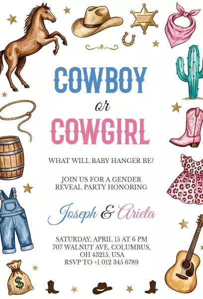 Rustic Cowboy or Cowgirl Gender Reveal Celebration Invitation Template