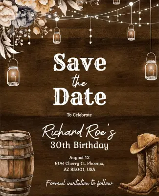 Rustic Cowboy Save the Date Birthday Celebration Flyer Template