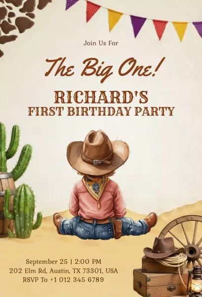 Rustic Cowboy Theme First Birthday Celebration Invitation Template