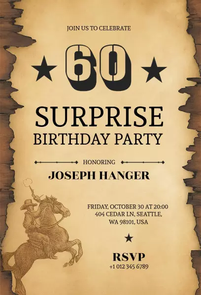 Rustic Cowboy Themed 60th Birthday Surprise Invitation Template