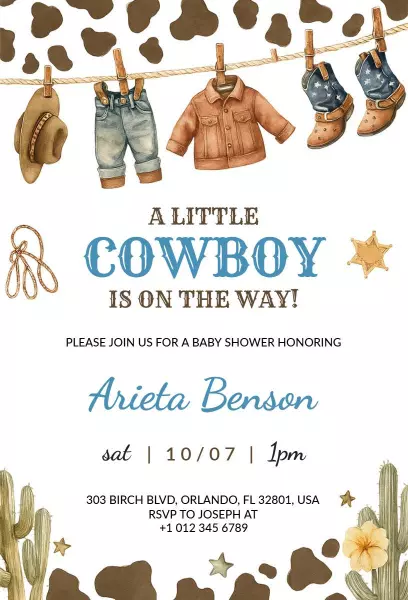 Rustic Cowboy-Themed Baby Shower Celebration Invitation Template