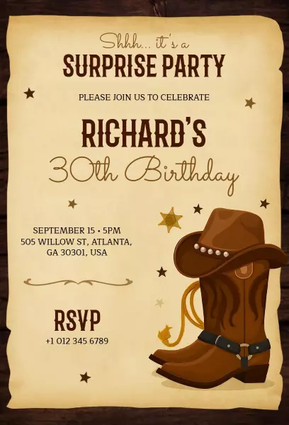 Rustic Cowboy Themed Surprise Birthday Party Invitation Template