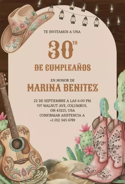 Rustic Cowgirl 30th Birthday Celebration Invitation Template