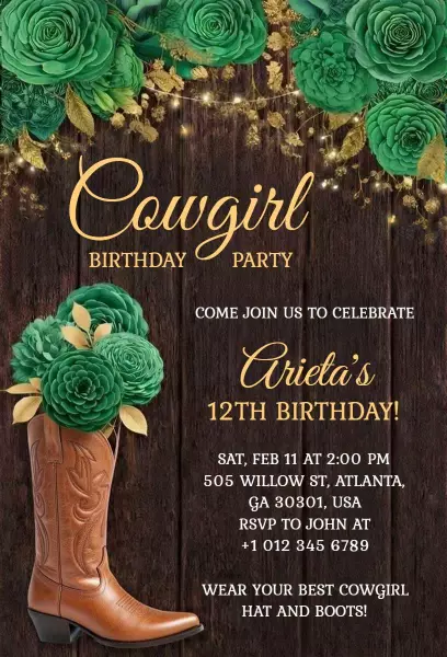 Rustic Cowgirl Themed Birthday Celebration Invitation Template