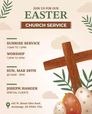 Rustic Easter Church Service with Cross and Eggs Poster Template
