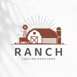 Rustic Farm and Cow Scene Illustrating Ranch Lifestyle Logo Template