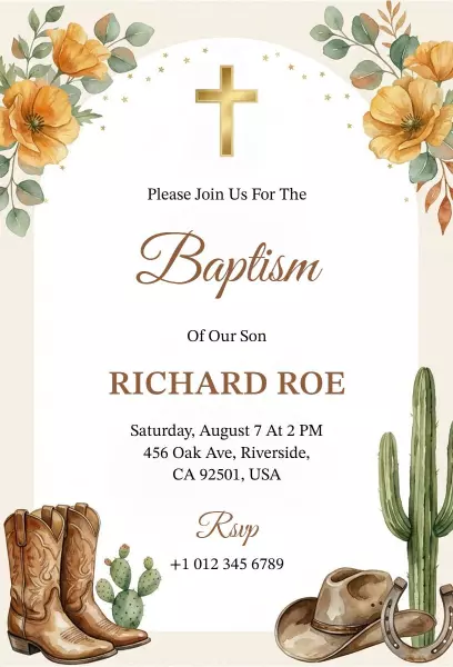 Rustic Floral Cowboy Theme Baptism Celebration Invitation Template