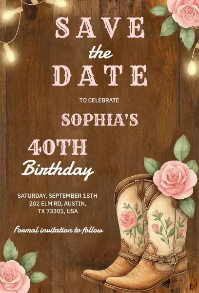 Rustic Floral Cowboy Western 40th Birthday Save The Date Invitation Template