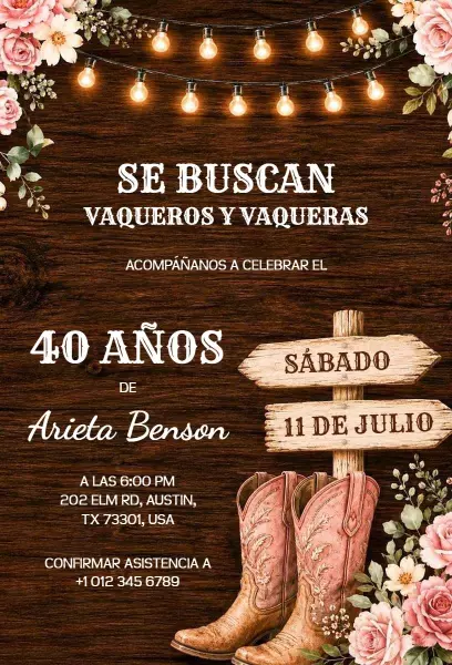Rustic Floral Cowgirl 40th Birthday Celebration Invitation Template