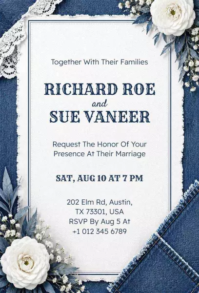Rustic Floral Denim Theme Wedding Ceremony Invitation Template