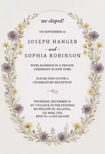 Rustic Floral Elopement Celebration Reception Invitation Template