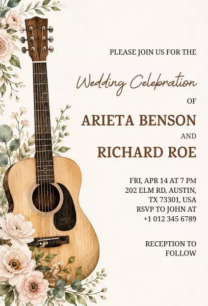 Rustic Floral Guitar Wedding Celebration Invitation Template