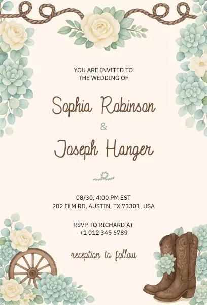 Rustic Floral Western Wedding Ceremony Invitation Template