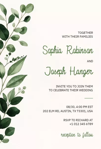 Rustic Greenery Elegant Wedding Ceremony Invitation Template