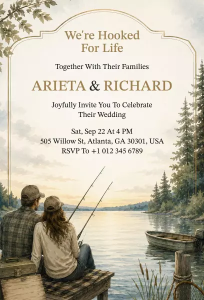 Rustic Lakeside Fishing Themed Wedding Celebration Invitation Template