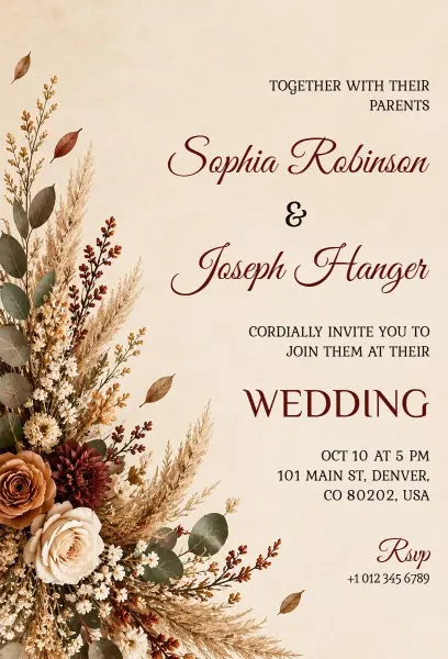 Rustic Leaves and Flowers Wedding Invitation Template