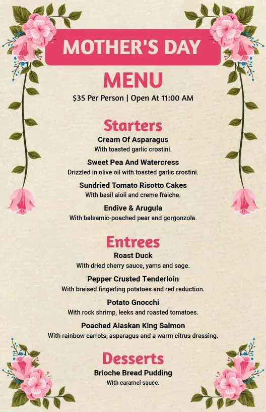 Rustic Pink Flower Mother's Day Menu Template