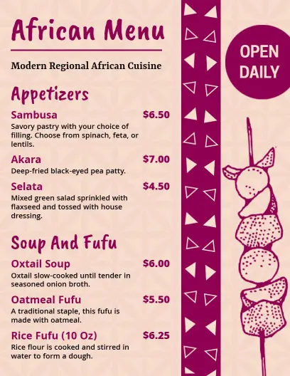 Rustic Purple African Food Menu Template
