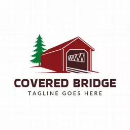 Rustic Red Covered Bridge Surrounded by Green Trees Logo Template