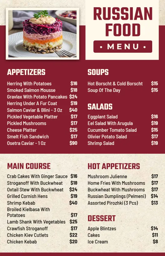 Rustic Red-Themed Russian Delicacies Menu Template