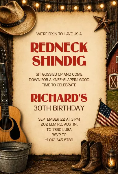 Rustic Redneck Shindig 30th Birthday Celebration Invitation Template