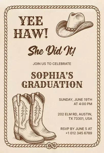 Rustic Western Boots Graduation Celebration Invitation Template