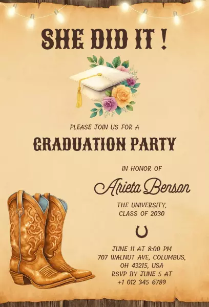 Rustic Western Graduation Celebration Cowboy Boots Invitation Template