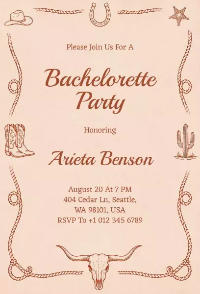 Rustic Western Theme Bachelorette Party Invitation Template