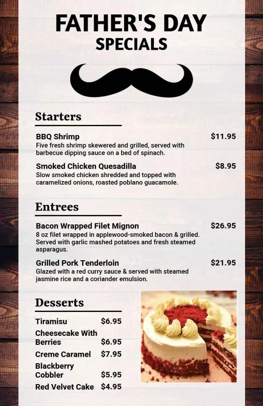 Rustic Wood Father's Day Restaurant Specials Menu Template