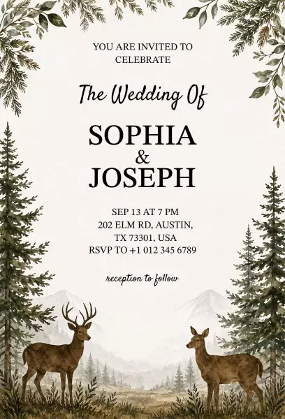 Rustic Woodland Deer Wedding Celebration Invitation Template
