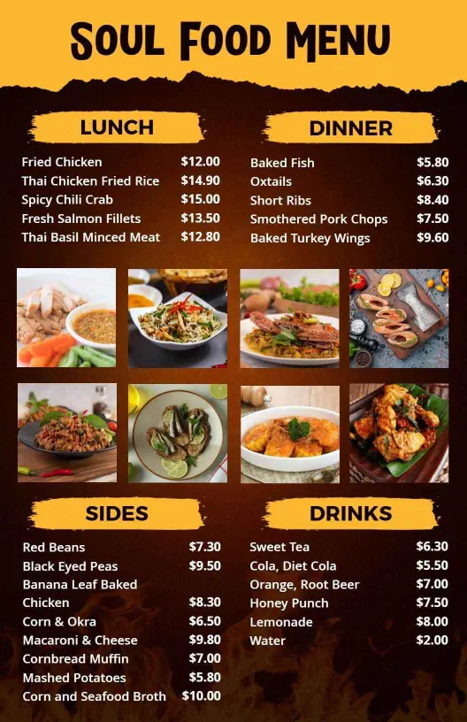 Rustic Yellow and Brown Soul Food Menu Template