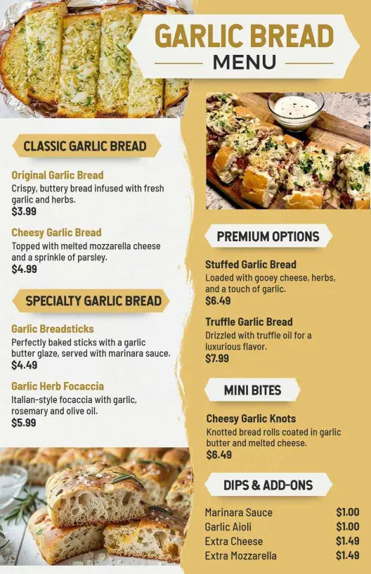 Rustic Yellow Garlic Bread Menu Template