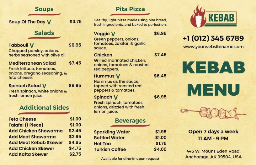 Rustic Yellow Traditional Mediterranean Kebab Menu Template