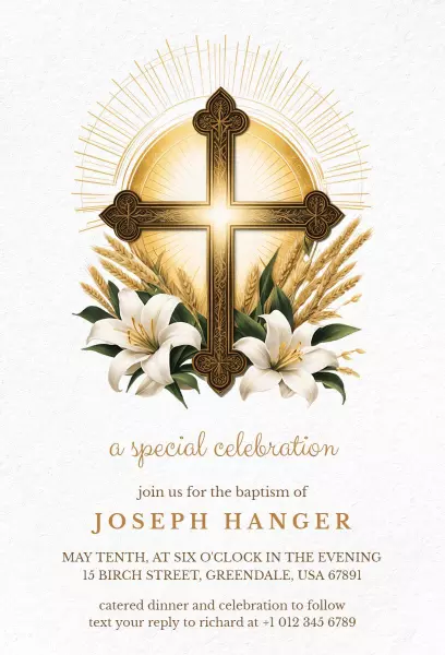 Sacred Gold Cross Baptism Celebration Invitation Template