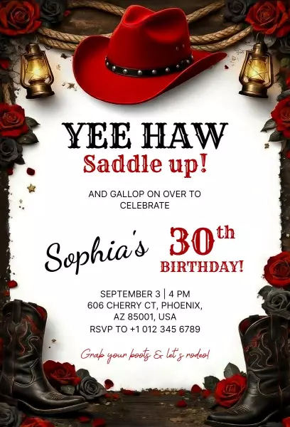 Saddle Up Yee Haw Cowgirl Birthday Celebration Invitation Template