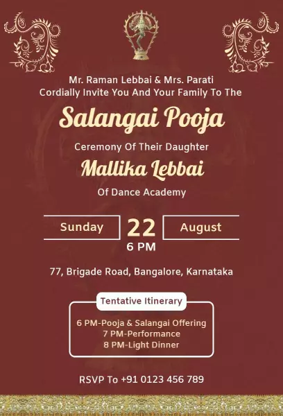 Salangai Pooja Ceremony Dance Academy Celebration Invitation Template