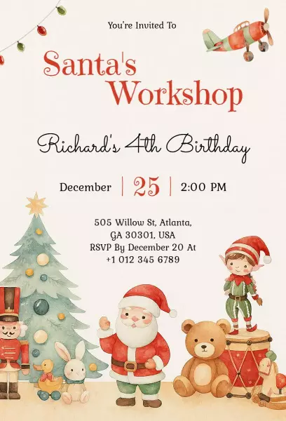 Santa's Workshop Christmas Birthday Celebration Invitation Template