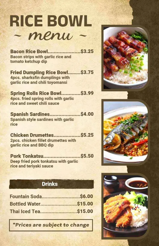 Satisfying Rice Bowls Featuring Delicious Ingredients Rice Menu Template