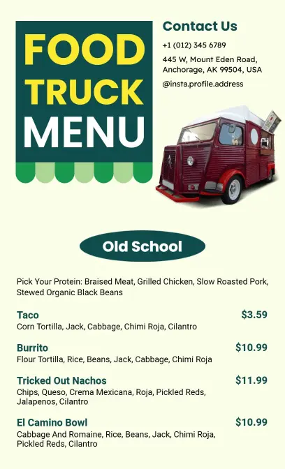 Satisfying Tacos and Flavorful Burritos Food Truck Menu Template
