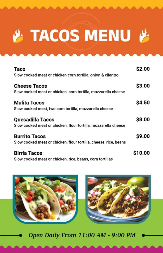 Savor Delicious Tacos with Fresh Fillings and Flavors Tacos Menu Template